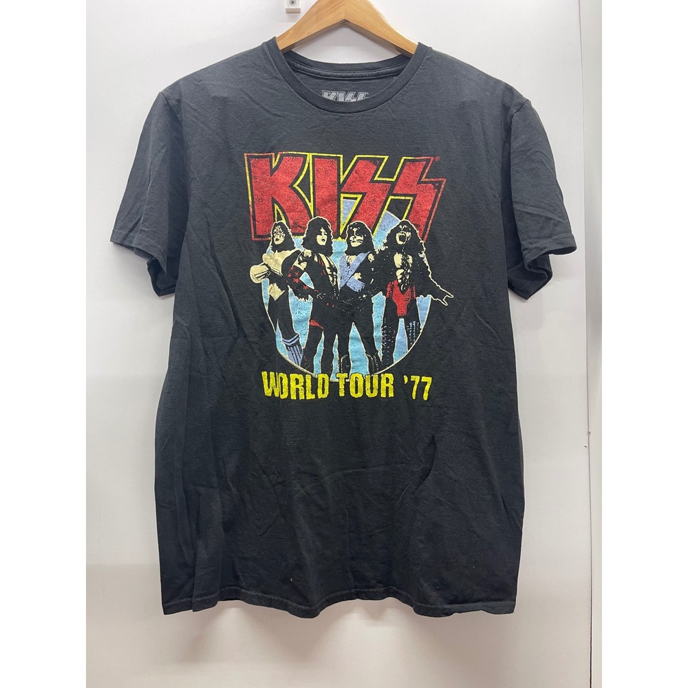 KISS World Tour 77 Graphic T-Shirt Mens Large Black Rock Band Tee Short Sleeve